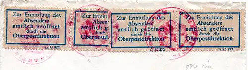 BRD 1955, postamtlich geöffneter Retour Brief m. OPD Etiketten v. Köln.