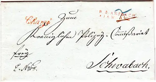 Bayern 1808, roter L1 R.3. ANSBACH u. Chargé klar auf Franko Brief n. Schwabach.
