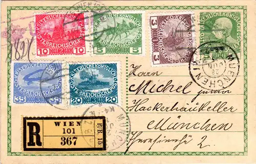 Österreich 1915, Witwen-/Waisenhilfe kpl. auf Reko Ganzsache v. Wien n. Bayern