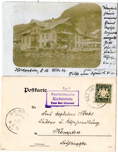 Bayern 1903, Posthilfstelle HINTERSTEIN Taxe Bad Oberdorf auf Foto-AK m. 5 Pf