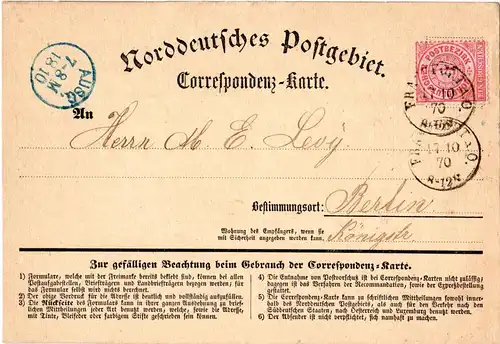 NDP 1870, 1 Gr. auf Correspondenz-Karte v. K1 FRANKFURT A.O.