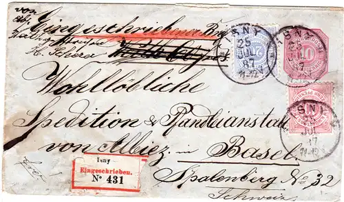 Wuerttemberg 1887, 10+20 Pf. auf eingeschriebenem 10 Pf. Ganzsache Brief v. ISNY