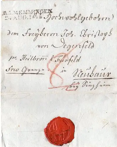 Bayern 1812, L2 MEMMINGEN auf gesiegeltem Adelsbrief n. Baden
