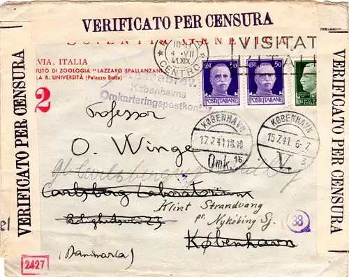 Italien 1941, Zensur Brief m. 3 Marken v. PAVIA n. Dänemark. Nachsendung