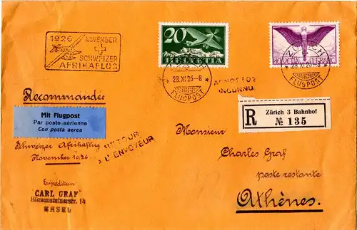 Schweiz 1926, 20 C.+1 Fr. auf Afrika-Flug Reko Brief Etappe Zürich-Athen 