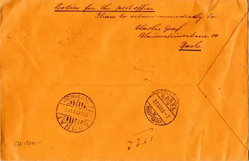 Schweiz 1926, 20 C.+1 Fr. auf Afrika-Flug Reko Brief Etappe Zürich-Athen 