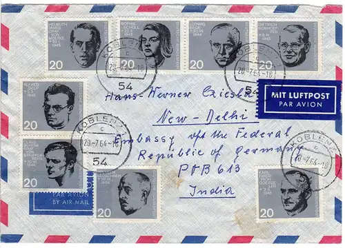 BRD 1964, alle 8 Blockmarken kpl. auf Luftpost Brief v. Koblenz n. Indien. FDC!