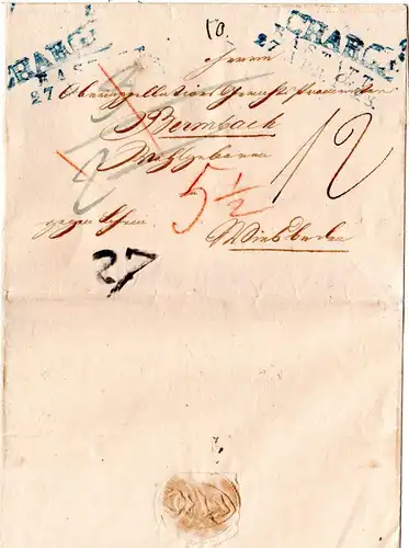 Baden 1828, L2 RASTATT u. CHARGÉ in blau auf Porto Brief n. Wiesbaden, Taxis