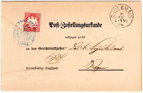 Bayern 1894, Bodenmais Zustellurkunde m. 10 Pf. u. Regen Dienstsiegelentwertung