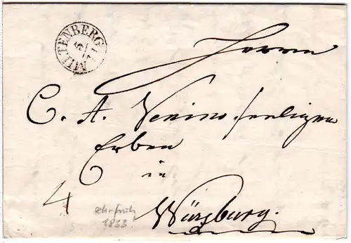 Bayern 1833, Fingerhut Stpl. MILTENBERG (sehr früh!) auf Porto Brief n. Würzburg