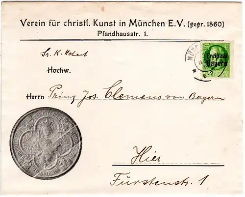 Bayern 1919, 5 Pf. auf Orts Brief v. München an Kgl. Hoheit Prinz Clemens 