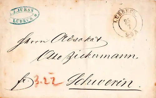 K2 Lübeck auf Franco Brief n. Mecklenburg Schwerin m. rücks. AUSG. No 1