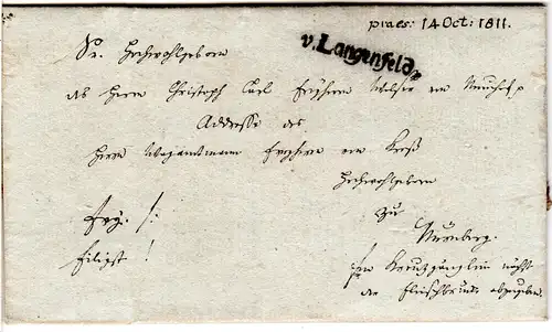 Bayern 1811, L1 V. LANGENFELD klar auf Porto Brief v. Schwarzenberg n. Nürnberg