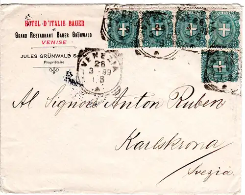 Italien 1899, 5x5 C. auf Hotel Brief v. VENEZIA n. Schweden.