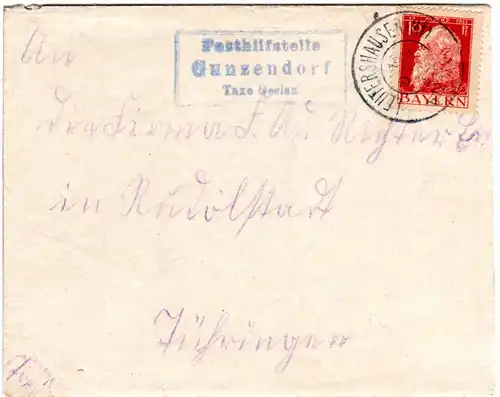 Bayern 1912, Posthilfstelle GUNZENDORF Taxe Geslau auf Brief m. 10 Pf.