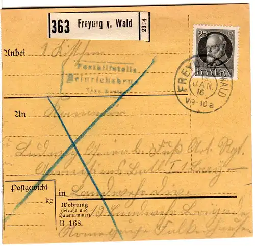 Bayern 1916, Posthilfstelle HEINRICHSBRUNN Taxe Mauth auf Paketkte m. EF 25 Pf.