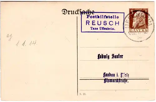 Bayern 1914, Posthilfstelle REUSCH Taxe Uffenheim auf Sauter Privat Ganzsache 