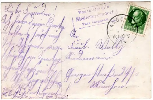 Bayern 1915, Posthilfstelle NIEDERLEYERNDORF Taxe Langquaid auf Karte m. 5 Pf.