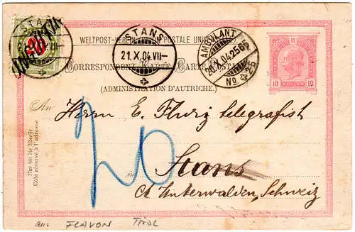 Österreich 1904, 10 H. Ganzsache v. Flavon m. Schweiz Porto 20 C.