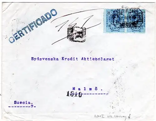 Spanien 1915, Paar 25 C, auf WW I Einschreiben Brief via Norwegen n. Schweden