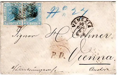 Italien 1867, 2x20 C. auf PD Brief v. VENEZIA n. Österreich