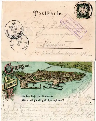 Bayern 1899, Posthilfstelle ENZISWEILER Taxe Lindau auf Litho-AK m. 5 Pf.