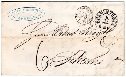 Bremen 1863, Taxis-K1 klar auf Porto Brief via Forbach n. Frankreich