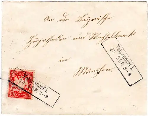 Bayern 1896, Aushilfs-L2 TEISENDORF I. klar auf Brief m. 10 Pf. u. Abs. Rossdorf