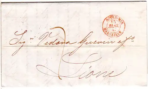 Italien Sicilia 1847, roter K2 OUTRE-MER MARSELLE auf Porto Brief n. Frankreich