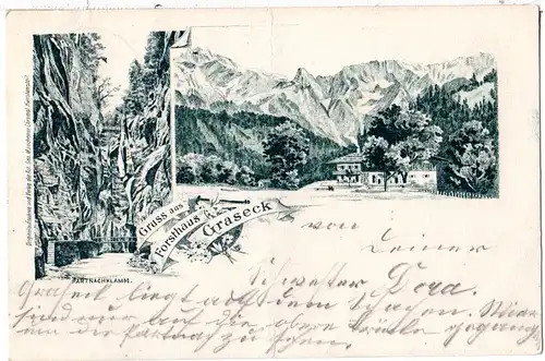 Bayern 1897, Postablage-K1 VORDERGRASECK auf Gruss aus-AK m. 5 Pf.