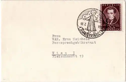 Österreich Christkindl 1952, Brief m. 30 Gr. u. klarem Sonderstempel