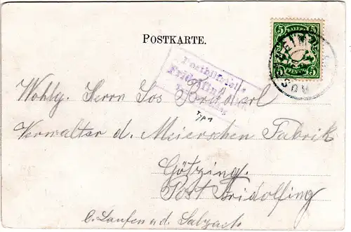 Bayern 1902, Posthilfstelle FRIDOLFING BHF. Taxe Fridolfing auf AK m. 5 Pf.