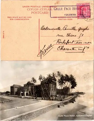 Ceylon, Galle Face Hotel, Colombo, Vorausentwertung auf AK m. 6 C. u. sw-AK