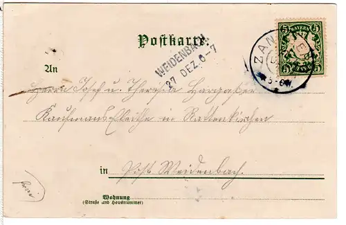Bayern 1903, L2-Aushilfstempel WEIDENBACH, Ank.Stpl. auf AK m. 5 Pf. v. Zangberg