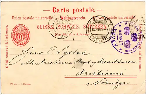 Schweiz 1905, 10 C. Ganzsache m. Hotel Stpl. v. Vevey n. Norwegen