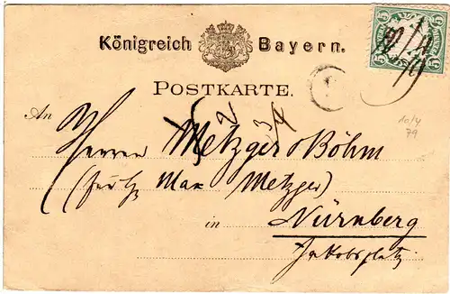 Bayern 1879, Postkarte v. Bayreuth m. 5 Pf. u. hds. Entwertung 10/4 79