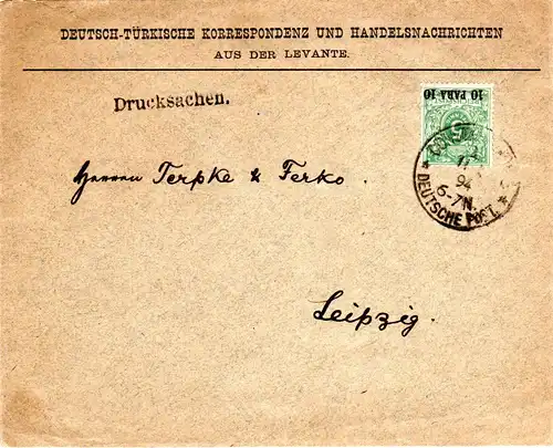 DP Türkei 1894, EF 10 Pa./5 Pf. auf Vordruck Drucksache Brief v. Constantinopel 