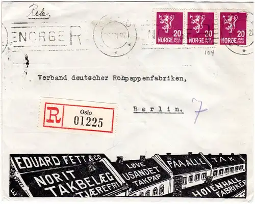 Norwegen 1927, 3x20 öre auf illustriertem Reklame Umschlag von Oslo n. Berlin.