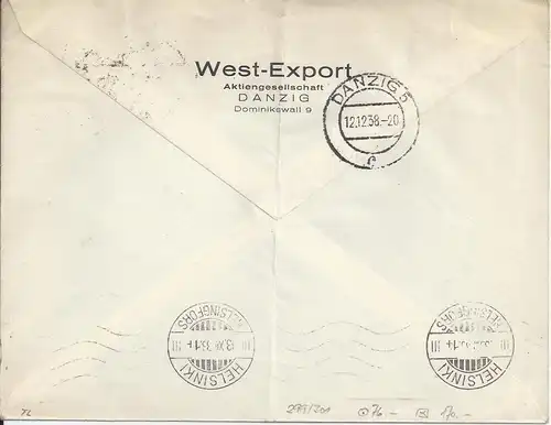 Danzig 1938, 15+50 Pf auf Luftpost Brief n Finnland. Seltener Bedarfsbrief #2509