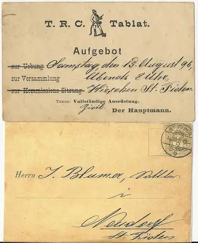 Schweiz 1896, 2 C. auf Karte v. St. Fiden m. Feuerwehr Mann TRC Tablat. #2107