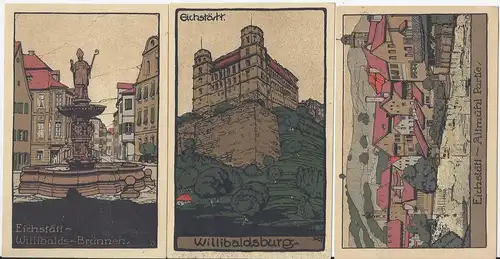 Eichstätt, 3 attraktive Steindruck AK, 2x gebr., 1x ungebr. #2324