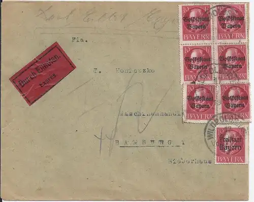 Bayern 1919, 7x10 Pf. Volks-/Freistaat auf Eilboten Brief v. Wildpoldsried #2626