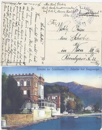 Österreich Schiffspost 1915, blau K1 SMS Kaiser Karl II auf AK v Zelenica  #2201
