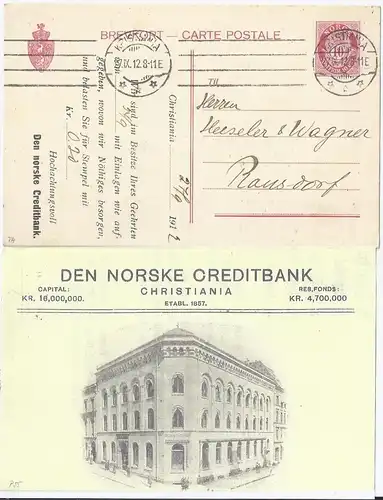 Norwegen 1912, v. Kristiania gebr. 10 öre Privat Ganzsache m. Abb. Bank. #2535