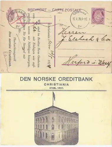 Norwegen 1924, v. Kristiania gebr. 25 öre Privat Ganzsache m. Abb. Bank. #2578