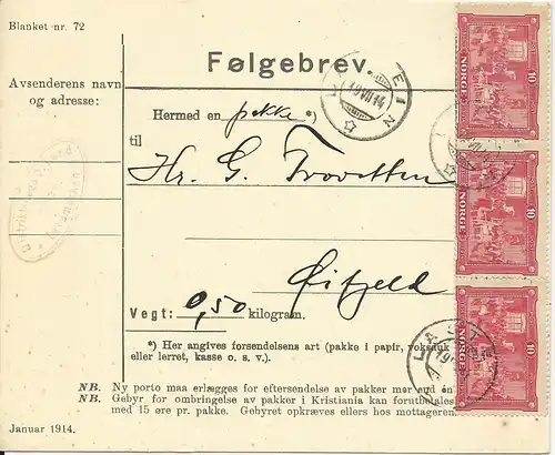 Norwegen 1914, MeF 3er-Streifen 10 öre Jubiläum auf Paketkarte v. LASTEIN. #1744