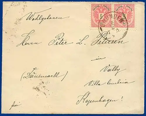 Österreich 1890, Brief m. Paar 5 Kr. v. GMUNDEN n. Dänemark. Destination! #S446