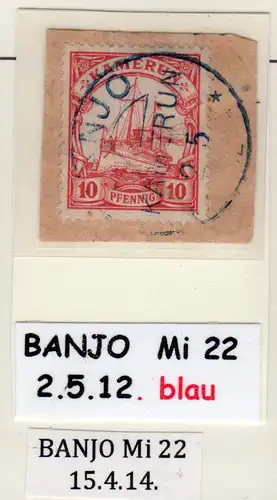 Kamerun, 10 Pf. auf  Briefstück m. blauem Stempel BANJO