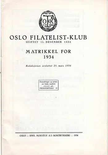 Norwegen, Oslo Filatelist-Klub, Matrikel for 1934 m. allen Mitgliedern! 31 S.