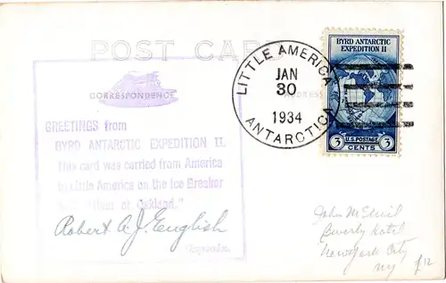 Antarktis 1934, US Byrd Antarctic Expedition Karte m. Unterschrift J. English